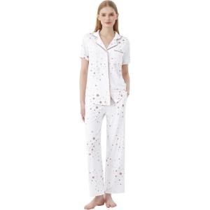 imageWiWi Womens Short Sleeve Pajama Set Button Down Sleepwear Soft Bamboo Viscose Loungewear with Pockets 2 Piece PJ SXXLAwhite Stars