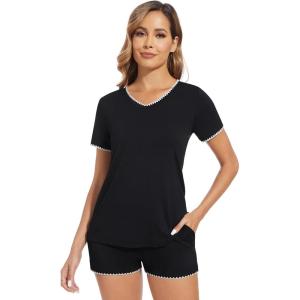 imageWiWi Womens Short Sleeve Pajama Sets Casual V Neck 2 Piece Sleepwear Soft Viscose from Bamboo Shorts Pj Set SXXLBlack