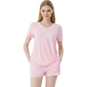 imageWiWi Womens Short Sleeve Pajama Sets Casual V Neck 2 Piece Sleepwear Soft Viscose from Bamboo Shorts Pj Set SXXLPink