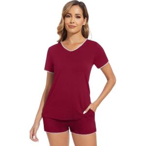 imageWiWi Womens Short Sleeve Pajama Sets Casual V Neck 2 Piece Sleepwear Soft Viscose from Bamboo Shorts Pj Set SXXLWine