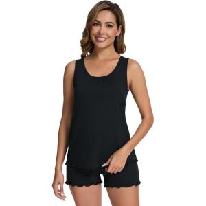 imageWiWi Womens Sleeveless Pajama Set Summer Sleepwear Soft Pjs Sets Tank Top Shorts Loungewear Viscose from Bamboo SXXLBlack