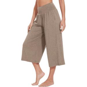 imageWiWi Womens Wide Leg Capri Pants Viscose from Bamboo Palazzo Lounge Bottoms with Pockets High Waist Pajama Bottom SXXLCamel