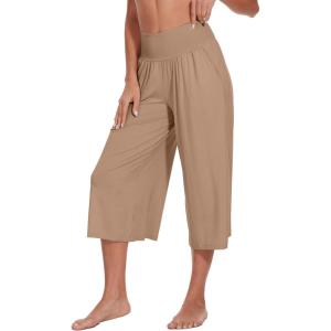 imageWiWi Womens Wide Leg Capri Pants Viscose from Bamboo Palazzo Lounge Bottoms with Pockets High Waist Pajama Bottom SXXLKhaki