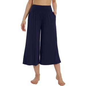 imageWiWi Womens Wide Leg Capri Pants Viscose from Bamboo Palazzo Lounge Bottoms with Pockets High Waist Pajama Bottom SXXLNavy