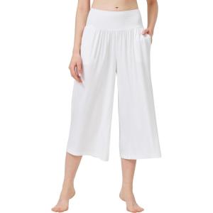 imageWiWi Womens Wide Leg Capri Pants Viscose from Bamboo Palazzo Lounge Bottoms with Pockets High Waist Pajama Bottom SXXLRaw White