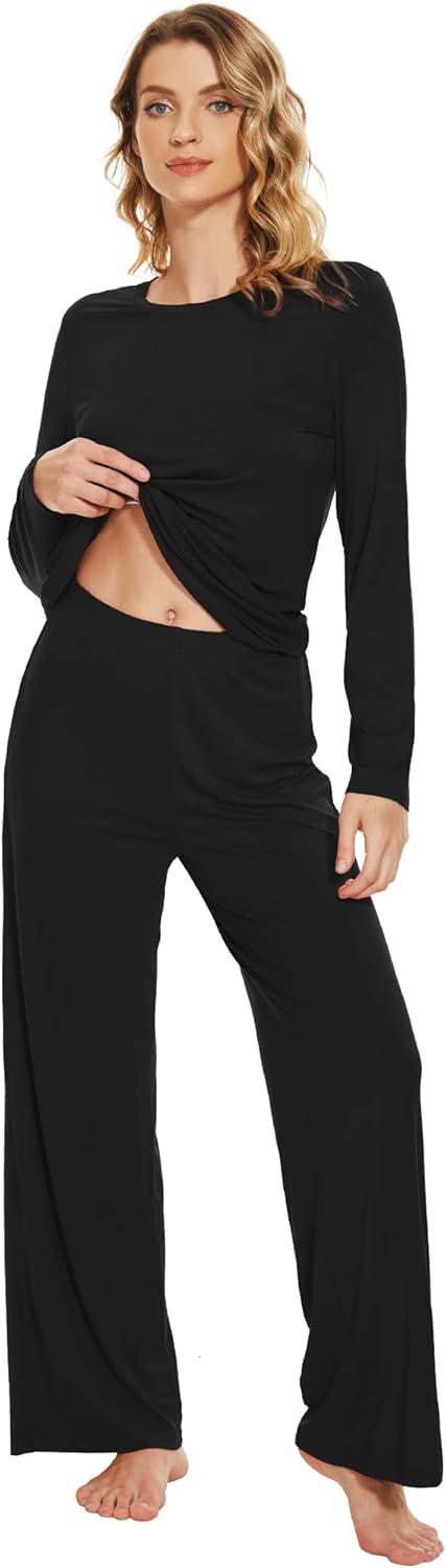 imageWiWi Bamboo Viscose Pajama Set for Women Soft Long Sleeve Top with Pants Sleepwear 2 Piece Pjs Sets Sleepwear SXXLBlack