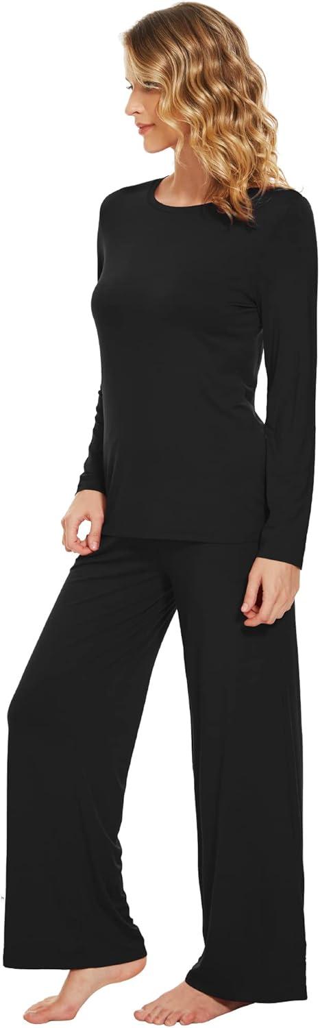 imageWiWi Bamboo Viscose Pajama Set for Women Soft Long Sleeve Top with Pants Sleepwear 2 Piece Pjs Sets Sleepwear SXXLBlack