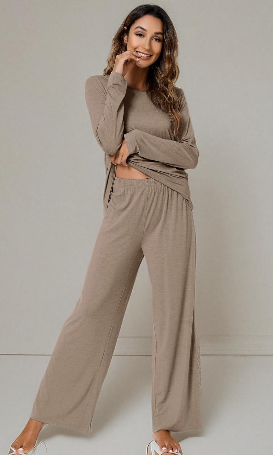 imageWiWi Bamboo Viscose Pajama Set for Women Soft Long Sleeve Top with Pants Sleepwear 2 Piece Pjs Sets Sleepwear SXXLCamel