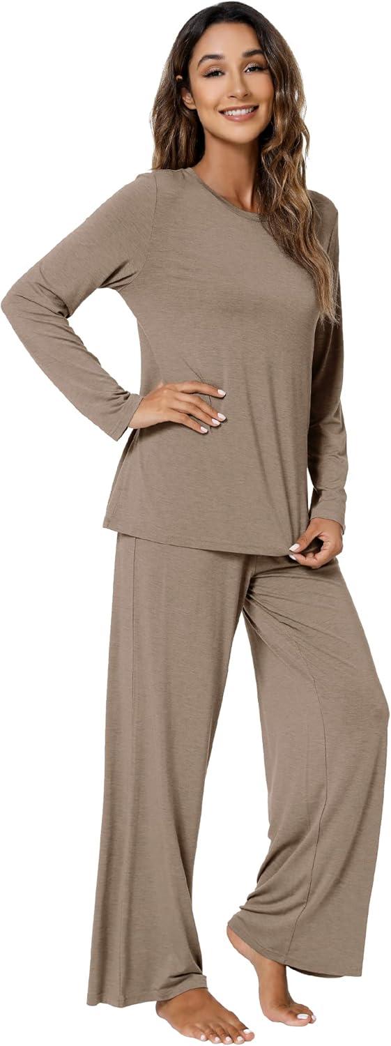 imageWiWi Bamboo Viscose Pajama Set for Women Soft Long Sleeve Top with Pants Sleepwear 2 Piece Pjs Sets Sleepwear SXXLCamel