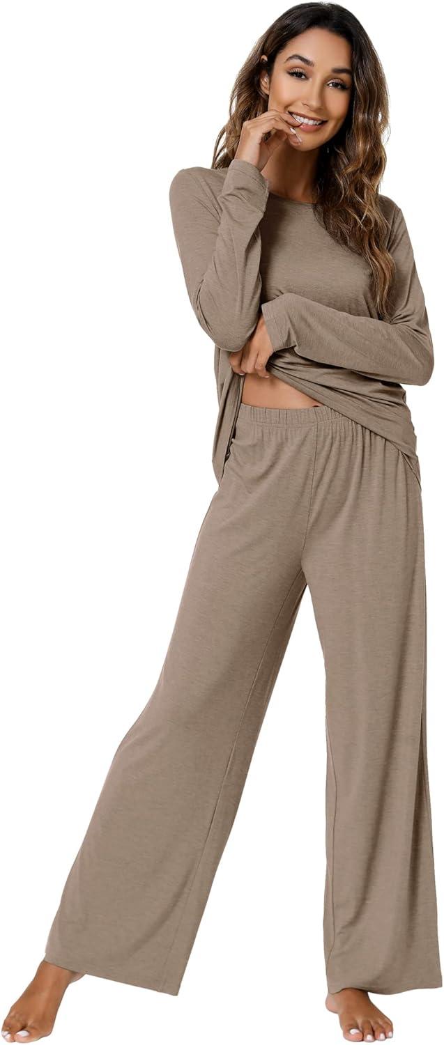 imageWiWi Bamboo Viscose Pajama Set for Women Soft Long Sleeve Top with Pants Sleepwear 2 Piece Pjs Sets Sleepwear SXXLCamel