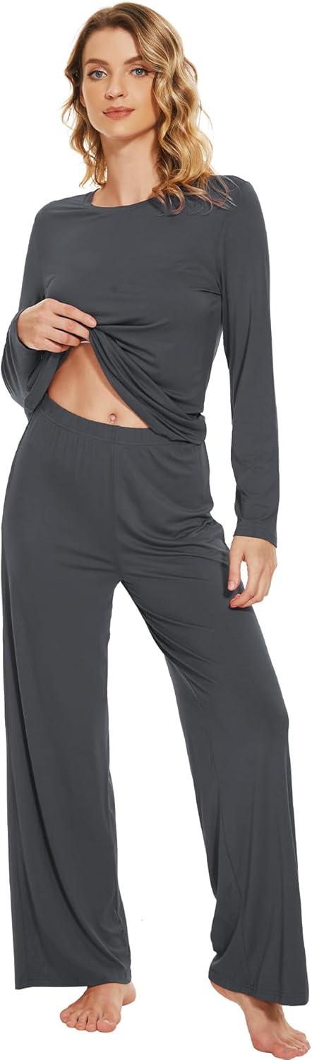imageWiWi Bamboo Viscose Pajama Set for Women Soft Long Sleeve Top with Pants Sleepwear 2 Piece Pjs Sets Sleepwear SXXLCharcoal