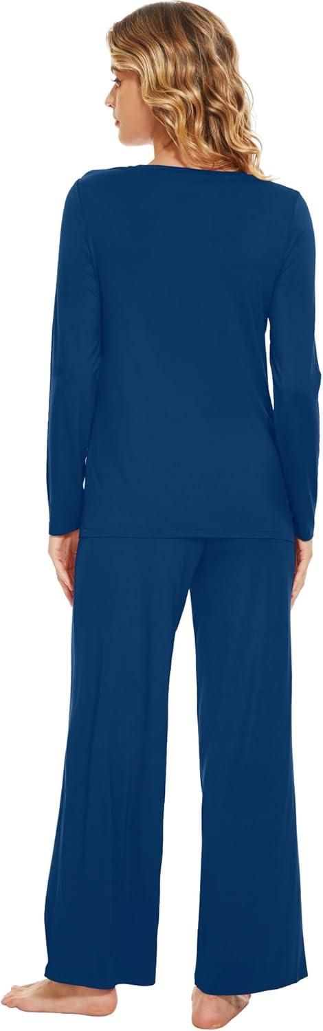 imageWiWi Bamboo Viscose Pajama Set for Women Soft Long Sleeve Top with Pants Sleepwear 2 Piece Pjs Sets Sleepwear SXXLInk Blue
