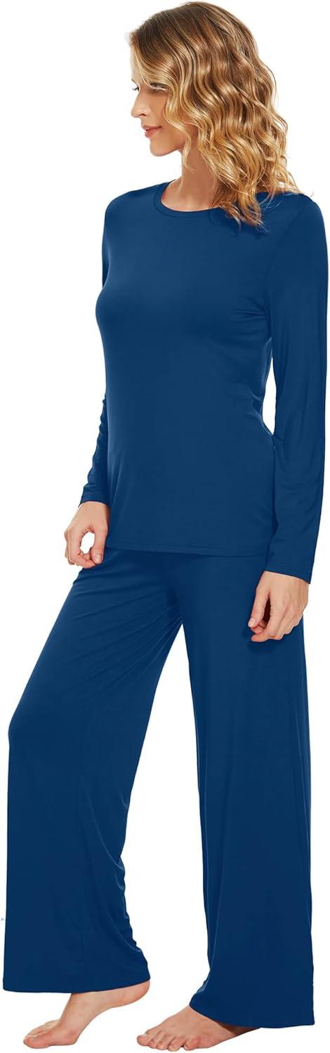 imageWiWi Bamboo Viscose Pajama Set for Women Soft Long Sleeve Top with Pants Sleepwear 2 Piece Pjs Sets Sleepwear SXXLInk Blue
