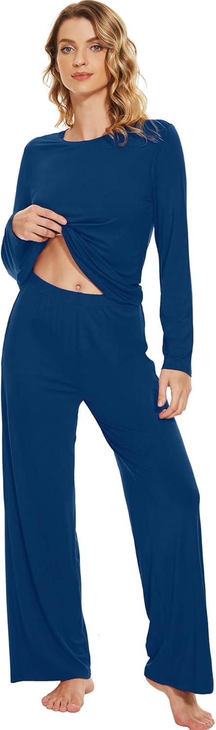 imageWiWi Bamboo Viscose Pajama Set for Women Soft Long Sleeve Top with Pants Sleepwear 2 Piece Pjs Sets Sleepwear SXXLInk Blue