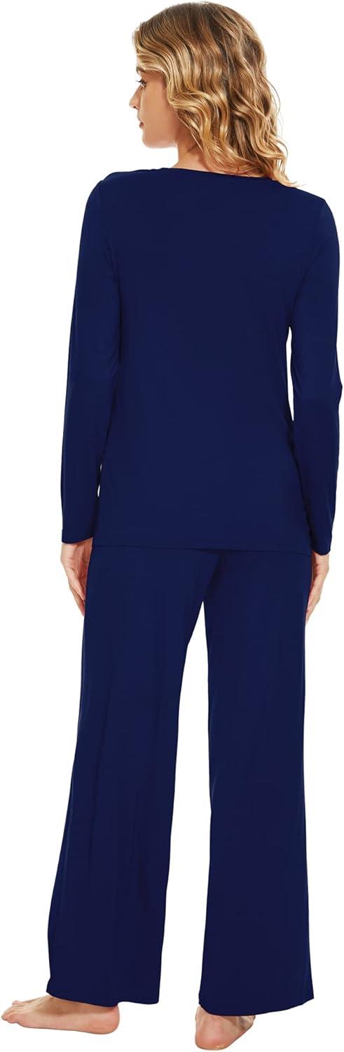 imageWiWi Bamboo Viscose Pajama Set for Women Soft Long Sleeve Top with Pants Sleepwear 2 Piece Pjs Sets Sleepwear SXXLNavy