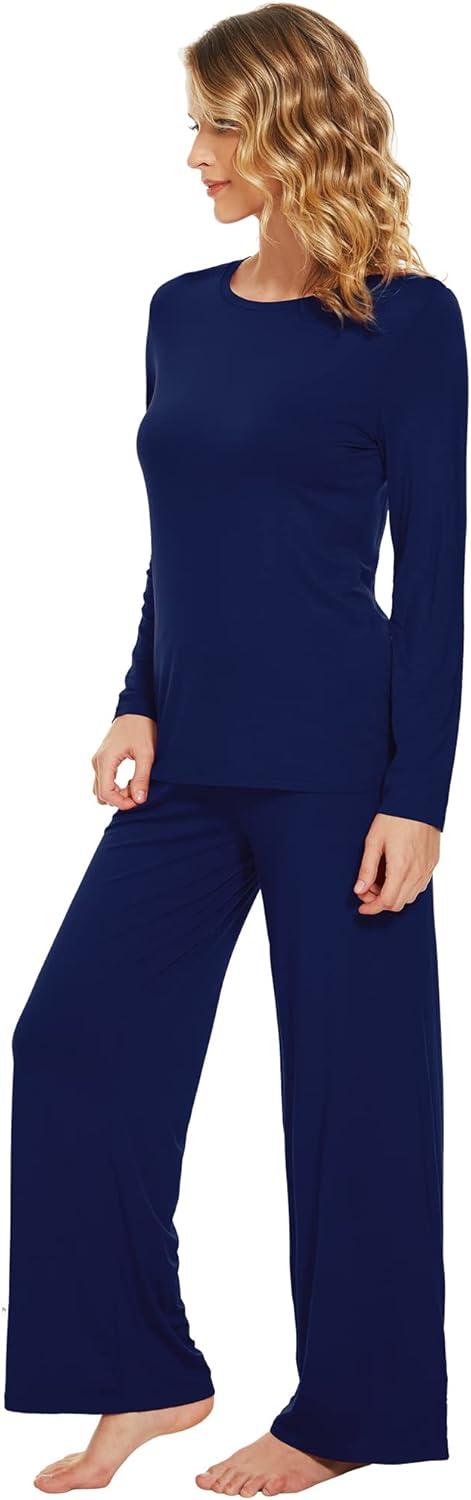 imageWiWi Bamboo Viscose Pajama Set for Women Soft Long Sleeve Top with Pants Sleepwear 2 Piece Pjs Sets Sleepwear SXXLNavy