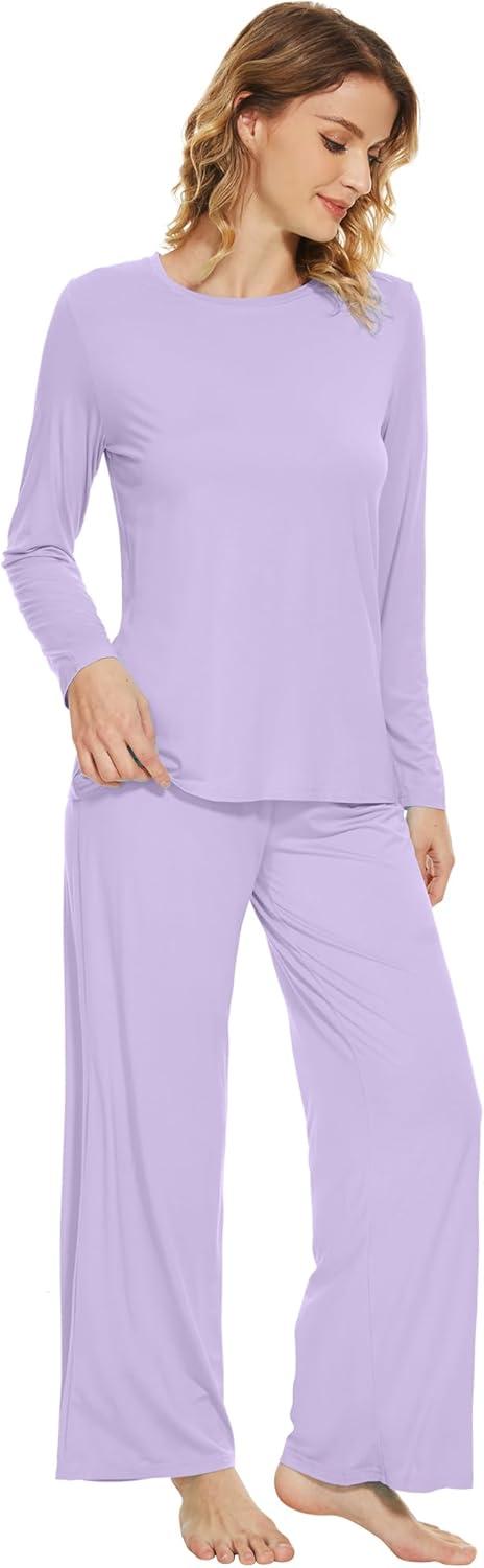 imageWiWi Bamboo Viscose Pajama Set for Women Soft Long Sleeve Top with Pants Sleepwear 2 Piece Pjs Sets Sleepwear SXXLTaro Purple
