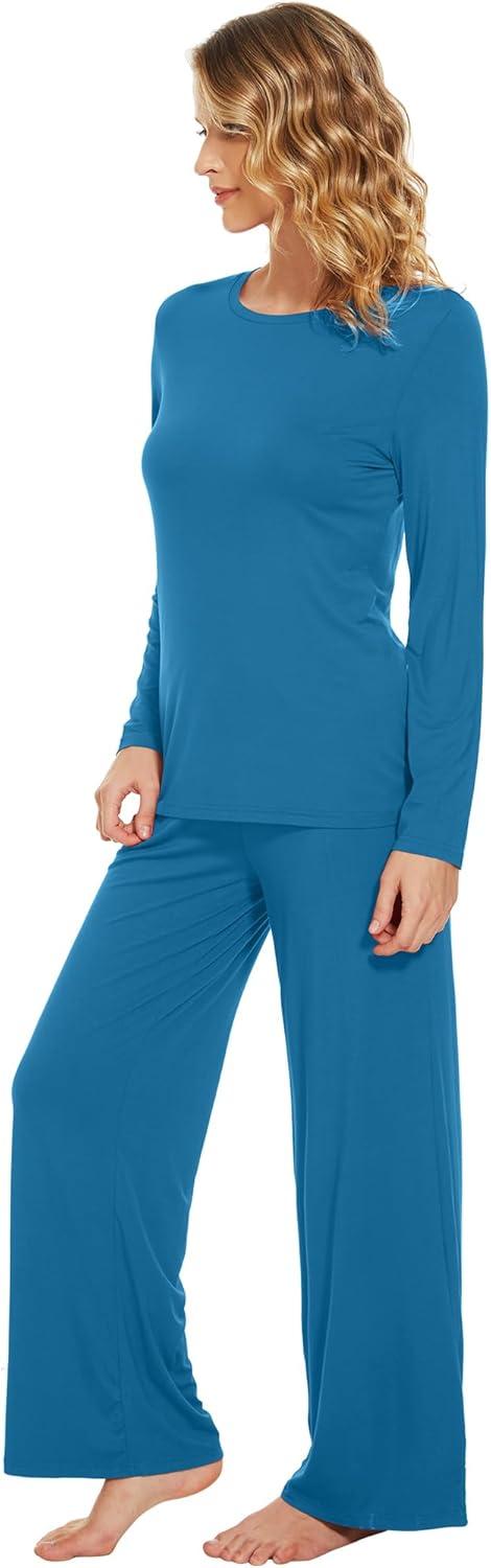 imageWiWi Bamboo Viscose Pajama Set for Women Soft Long Sleeve Top with Pants Sleepwear 2 Piece Pjs Sets Sleepwear SXXLTeal Blue