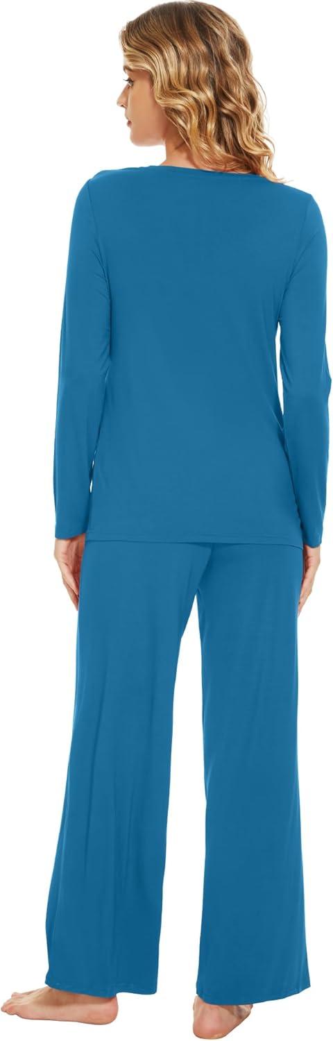 imageWiWi Bamboo Viscose Pajama Set for Women Soft Long Sleeve Top with Pants Sleepwear 2 Piece Pjs Sets Sleepwear SXXLTeal Blue