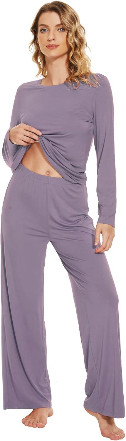 imageWiWi Bamboo Viscose Pajama Set for Women Soft Long Sleeve Top with Pants Sleepwear 2 Piece Pjs Sets Sleepwear SXXLViolet