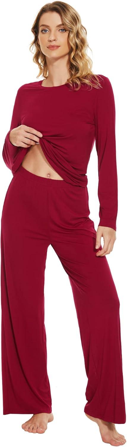imageWiWi Bamboo Viscose Pajama Set for Women Soft Long Sleeve Top with Pants Sleepwear 2 Piece Pjs Sets Sleepwear SXXLWine Red