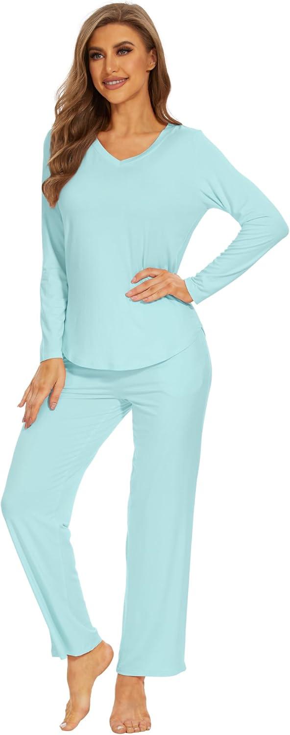 imageWiWi Pajamas for Women Long Sleeve Sleepwear with Pants Set Soft Casual Pj Warm Lounge Sets SXXLAaqua