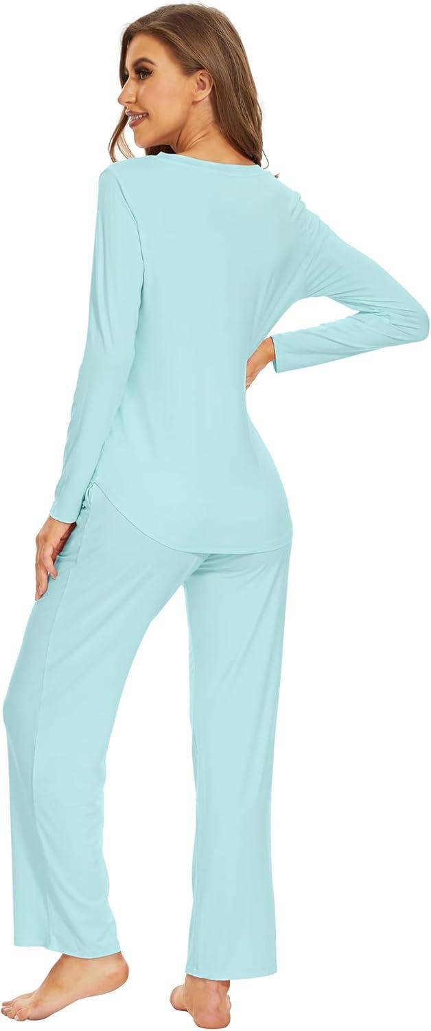 imageWiWi Pajamas for Women Long Sleeve Sleepwear with Pants Set Soft Casual Pj Warm Lounge Sets SXXLAaqua