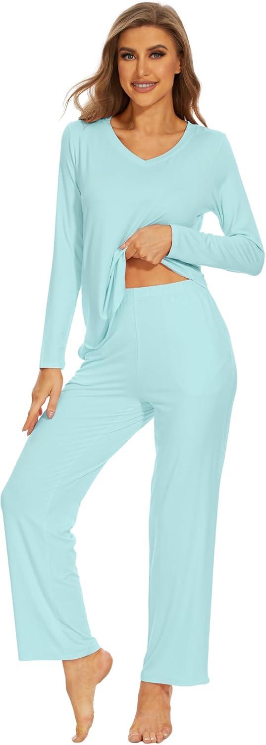 imageWiWi Pajamas for Women Long Sleeve Sleepwear with Pants Set Soft Casual Pj Warm Lounge Sets SXXLAaqua