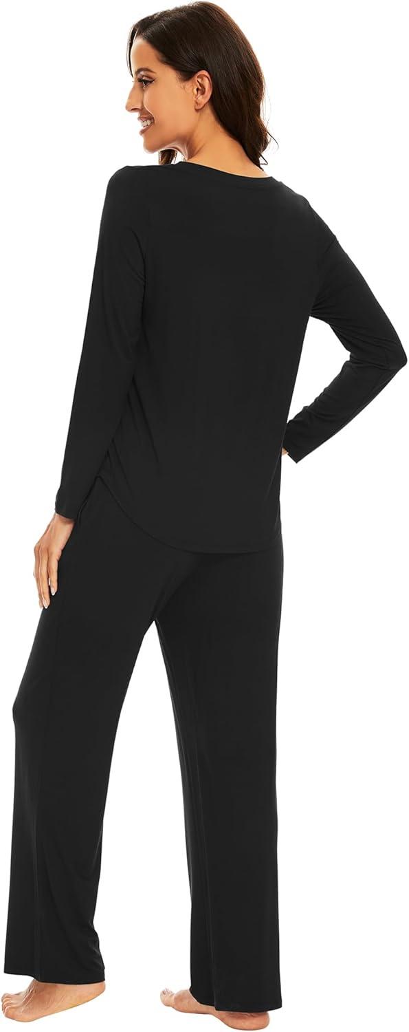 imageWiWi Pajamas for Women Long Sleeve Sleepwear with Pants Set Soft Casual Pj Warm Lounge Sets SXXLAblack