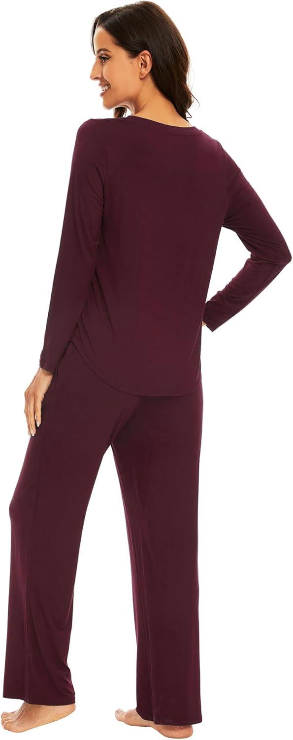 imageWiWi Pajamas for Women Long Sleeve Sleepwear with Pants Set Soft Casual Pj Warm Lounge Sets SXXLAbrownish Red