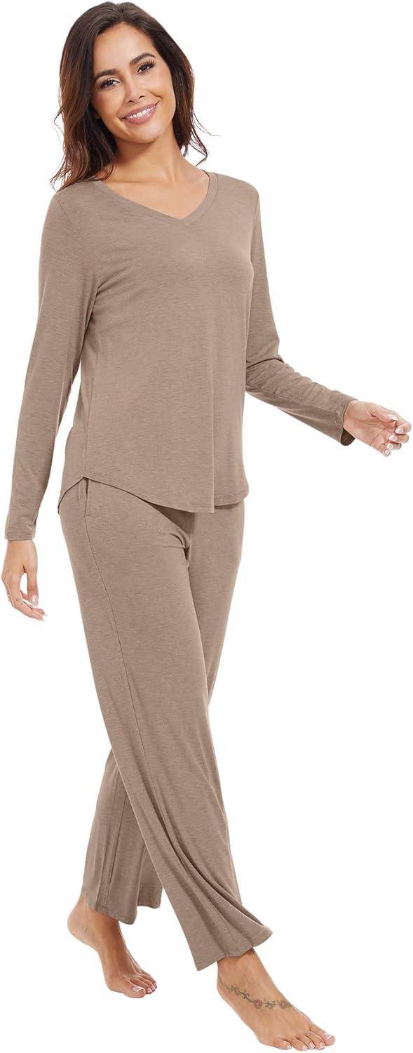 imageWiWi Pajamas for Women Long Sleeve Sleepwear with Pants Set Soft Casual Pj Warm Lounge Sets SXXLAcamel