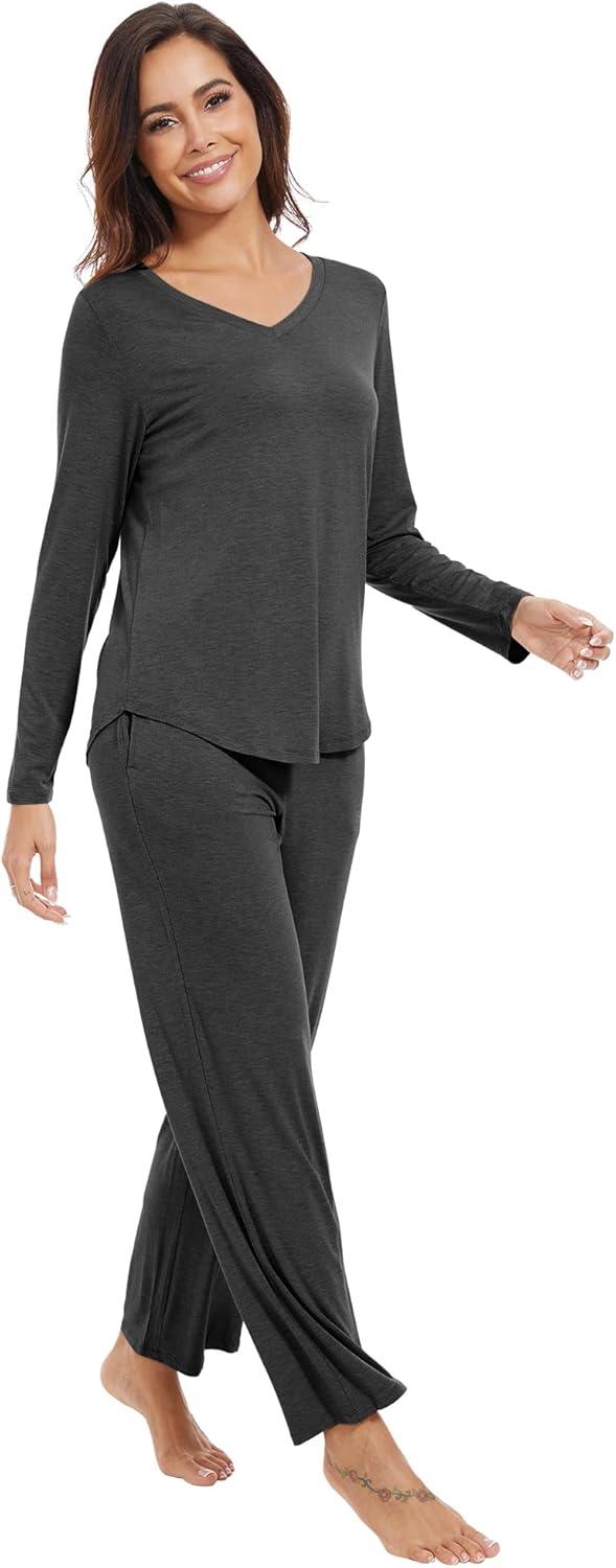 imageWiWi Pajamas for Women Long Sleeve Sleepwear with Pants Set Soft Casual Pj Warm Lounge Sets SXXLAcharcoal Heather