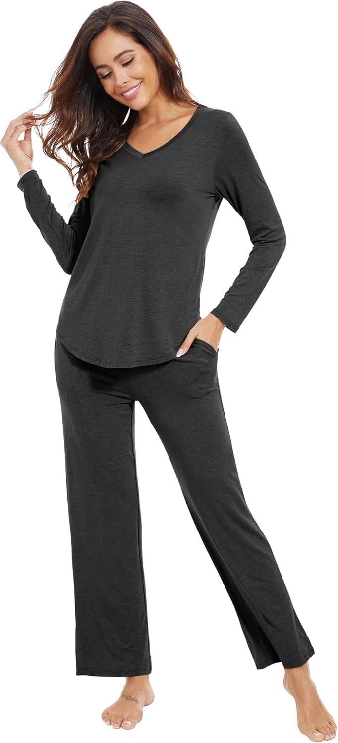 imageWiWi Pajamas for Women Long Sleeve Sleepwear with Pants Set Soft Casual Pj Warm Lounge Sets SXXLAcharcoal Heather