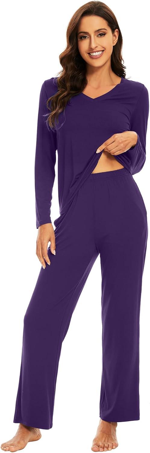 imageWiWi Pajamas for Women Long Sleeve Sleepwear with Pants Set Soft Casual Pj Warm Lounge Sets SXXLAdark Purple