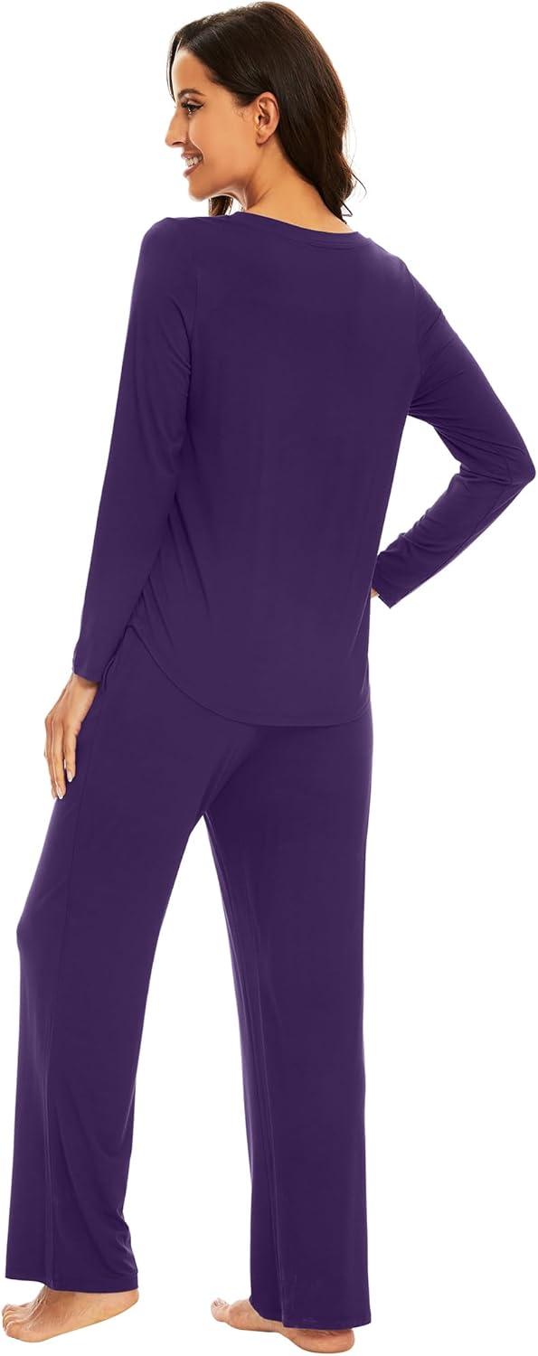 imageWiWi Pajamas for Women Long Sleeve Sleepwear with Pants Set Soft Casual Pj Warm Lounge Sets SXXLAdark Purple