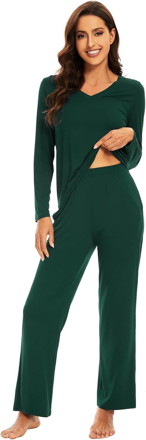 imageWiWi Pajamas for Women Long Sleeve Sleepwear with Pants Set Soft Casual Pj Warm Lounge Sets SXXLAfence Green