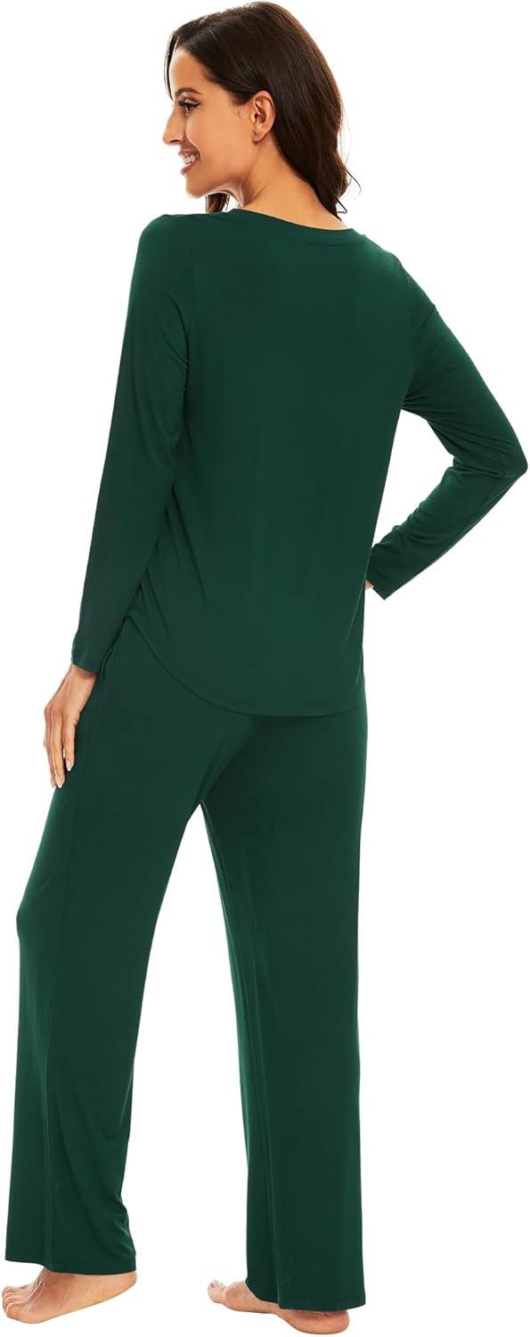 imageWiWi Pajamas for Women Long Sleeve Sleepwear with Pants Set Soft Casual Pj Warm Lounge Sets SXXLAfence Green