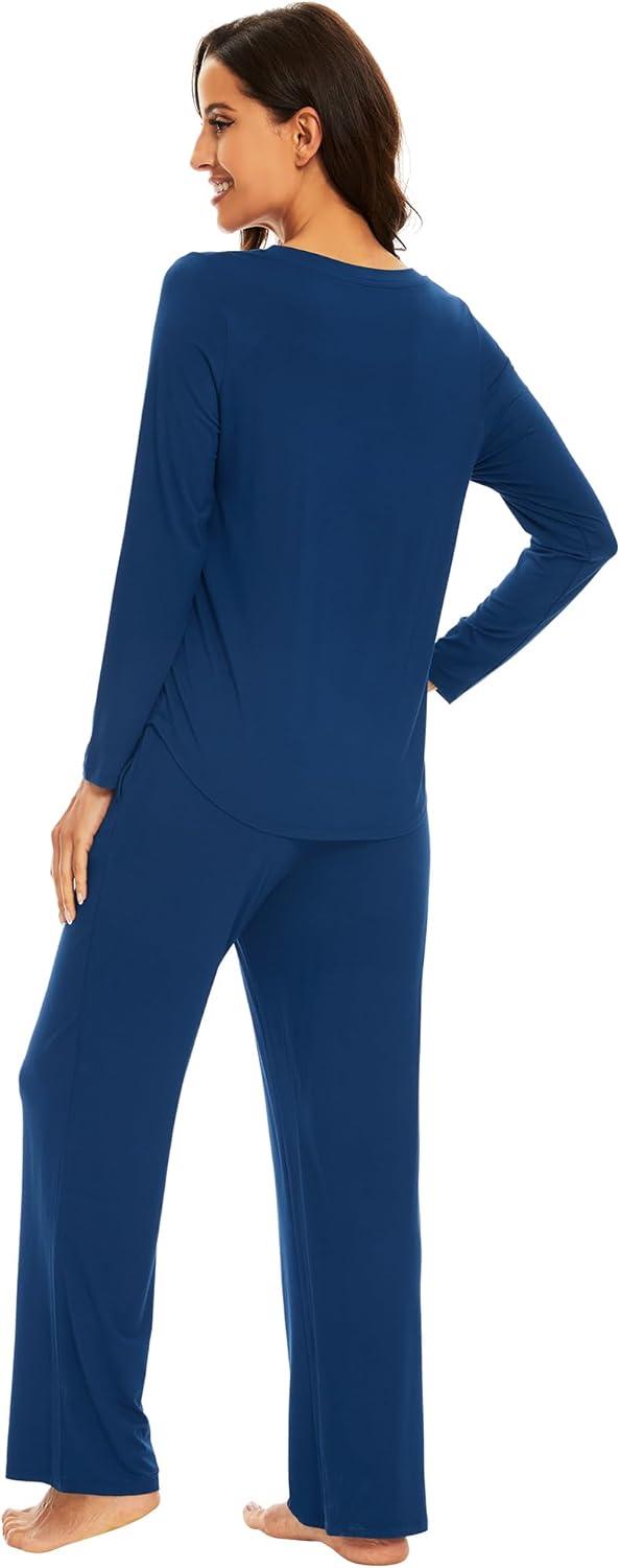 imageWiWi Pajamas for Women Long Sleeve Sleepwear with Pants Set Soft Casual Pj Warm Lounge Sets SXXLAink Blue