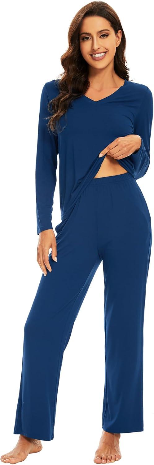 imageWiWi Pajamas for Women Long Sleeve Sleepwear with Pants Set Soft Casual Pj Warm Lounge Sets SXXLAink Blue
