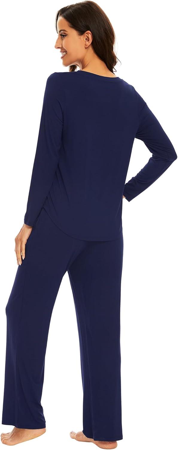imageWiWi Pajamas for Women Long Sleeve Sleepwear with Pants Set Soft Casual Pj Warm Lounge Sets SXXLAnavy