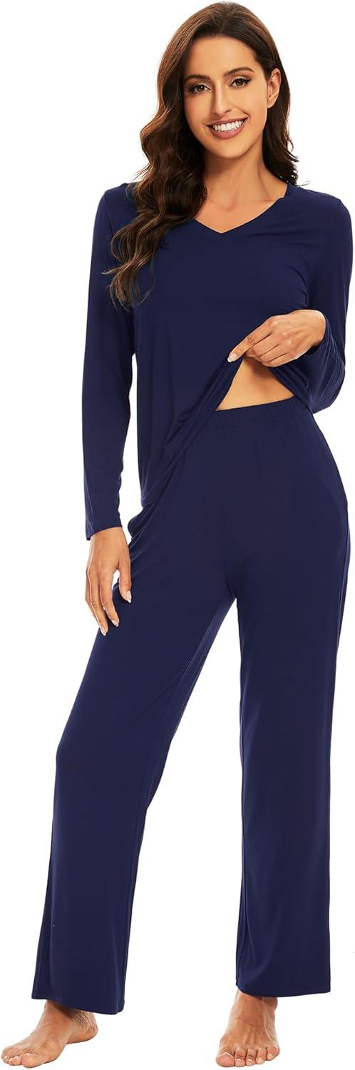 imageWiWi Pajamas for Women Long Sleeve Sleepwear with Pants Set Soft Casual Pj Warm Lounge Sets SXXLAnavy