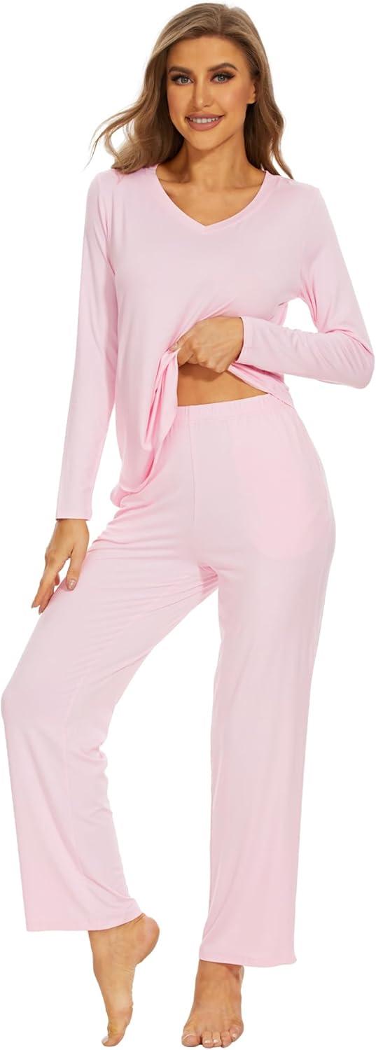 imageWiWi Pajamas for Women Long Sleeve Sleepwear with Pants Set Soft Casual Pj Warm Lounge Sets SXXLApink