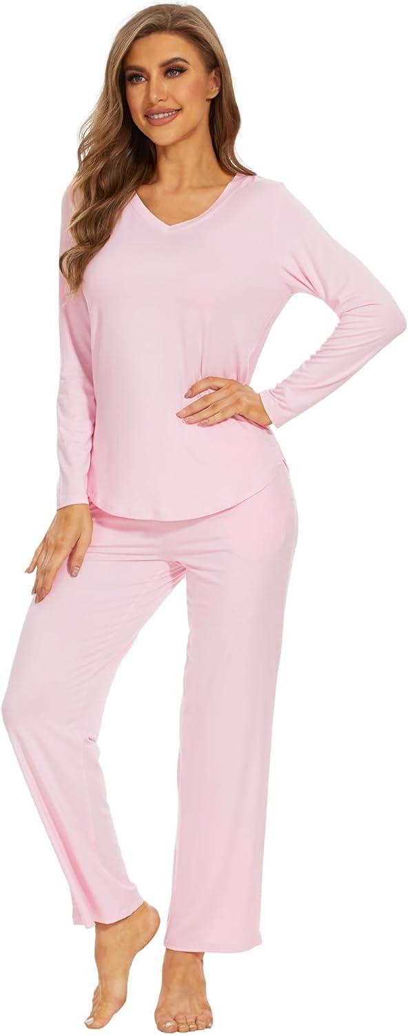 imageWiWi Pajamas for Women Long Sleeve Sleepwear with Pants Set Soft Casual Pj Warm Lounge Sets SXXLApink