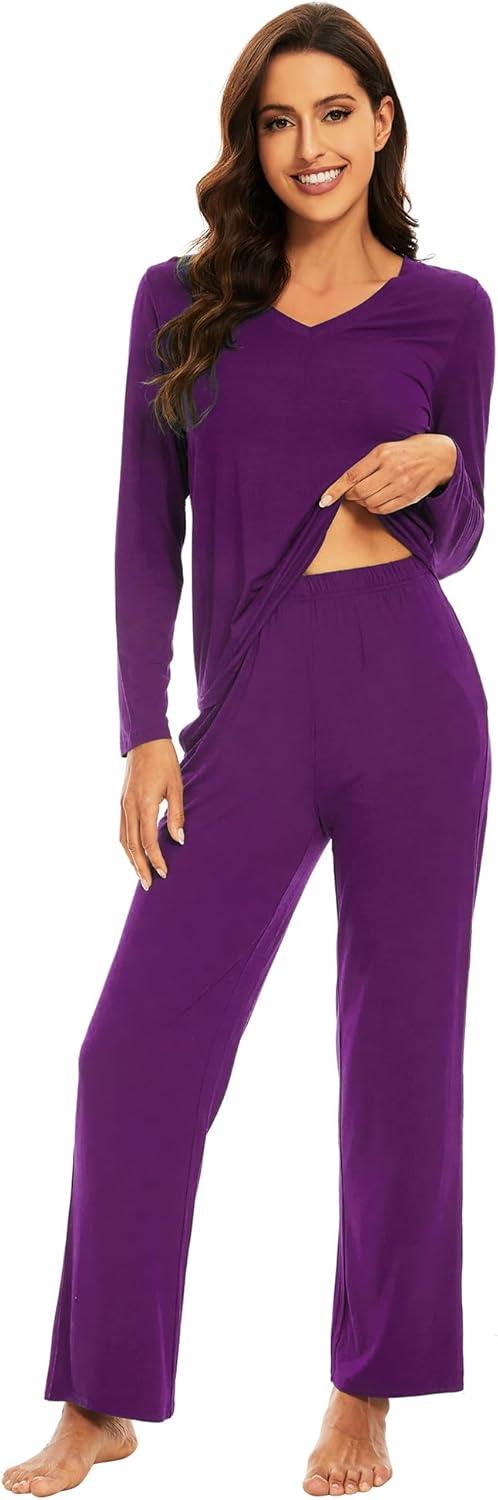 imageWiWi Pajamas for Women Long Sleeve Sleepwear with Pants Set Soft Casual Pj Warm Lounge Sets SXXLApurplish Red