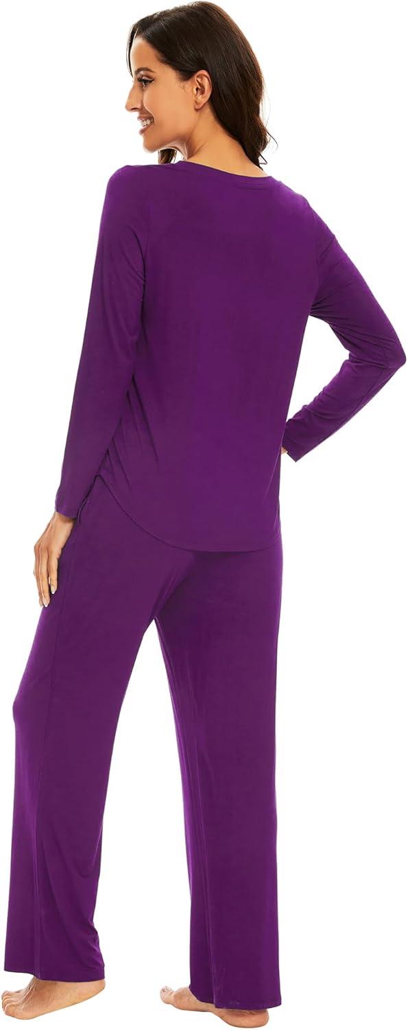 imageWiWi Pajamas for Women Long Sleeve Sleepwear with Pants Set Soft Casual Pj Warm Lounge Sets SXXLApurplish Red