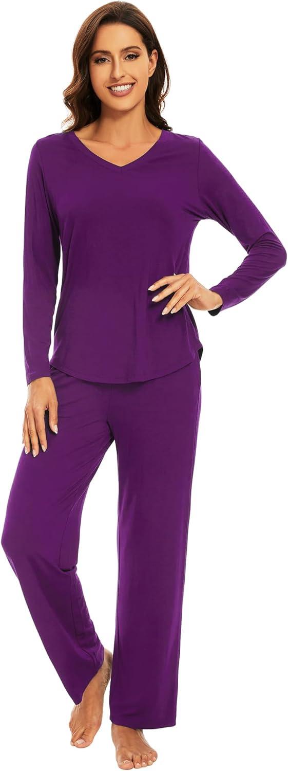 imageWiWi Pajamas for Women Long Sleeve Sleepwear with Pants Set Soft Casual Pj Warm Lounge Sets SXXLApurplish Red