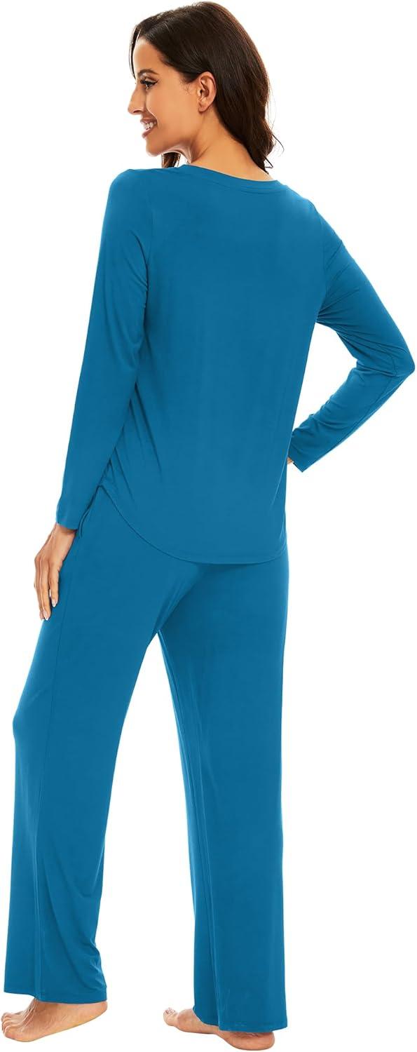 imageWiWi Pajamas for Women Long Sleeve Sleepwear with Pants Set Soft Casual Pj Warm Lounge Sets SXXLAteal Blue