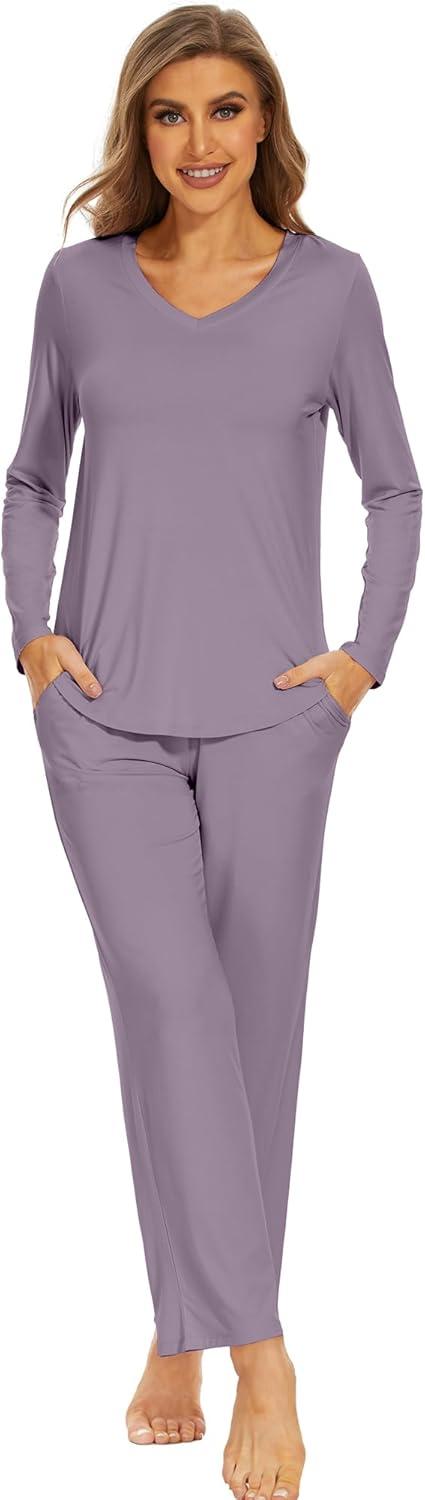 imageWiWi Pajamas for Women Long Sleeve Sleepwear with Pants Set Soft Casual Pj Warm Lounge Sets SXXLAviolet