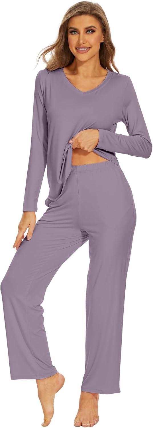 imageWiWi Pajamas for Women Long Sleeve Sleepwear with Pants Set Soft Casual Pj Warm Lounge Sets SXXLAviolet