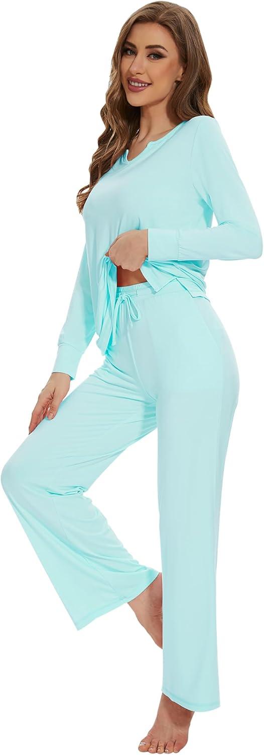 imageWiWi Pajamas for Women Long Sleeve Sleepwear with Pants Set Soft Casual Pj Warm Lounge Sets SXXLBaqua